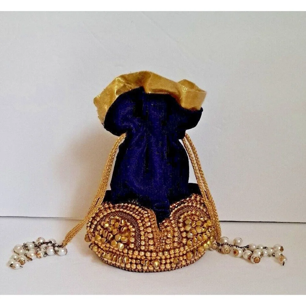 Royal Blue Velvet Potli Bag Gold Beadwork Pearl Handle Ethnic Wedding Clutch